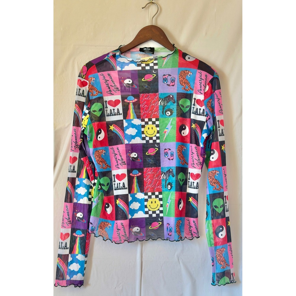 Lala Mesh Top Large Multicolor Patchwork Alien Tiger Sheer Long Sleeve Y2K L